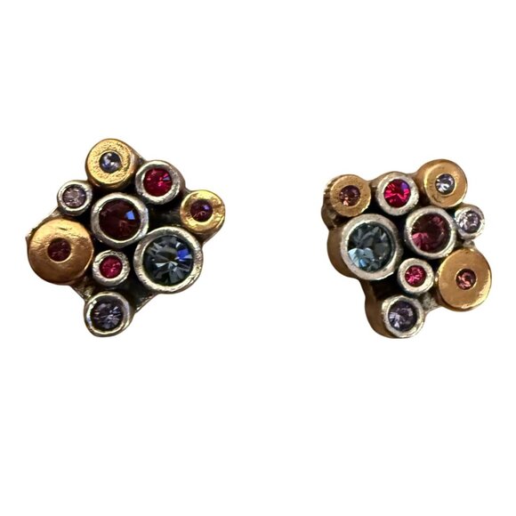 RARE Patricia Locke Handmade Silver Gold Toned Crystal Stud Earrings 2012 - Picture 2 of 3